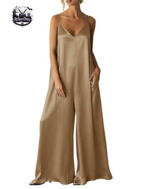 Satin Wide Leg Jumpsuit V-Neck Sleeveless Spaghetti Strap Pockets